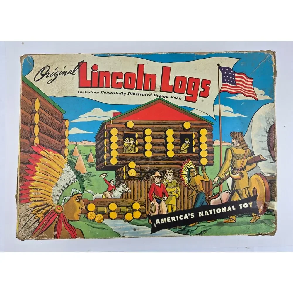 1940’s Vintage Original Lincoln Logs Set w/ Box incomplete some metal figures